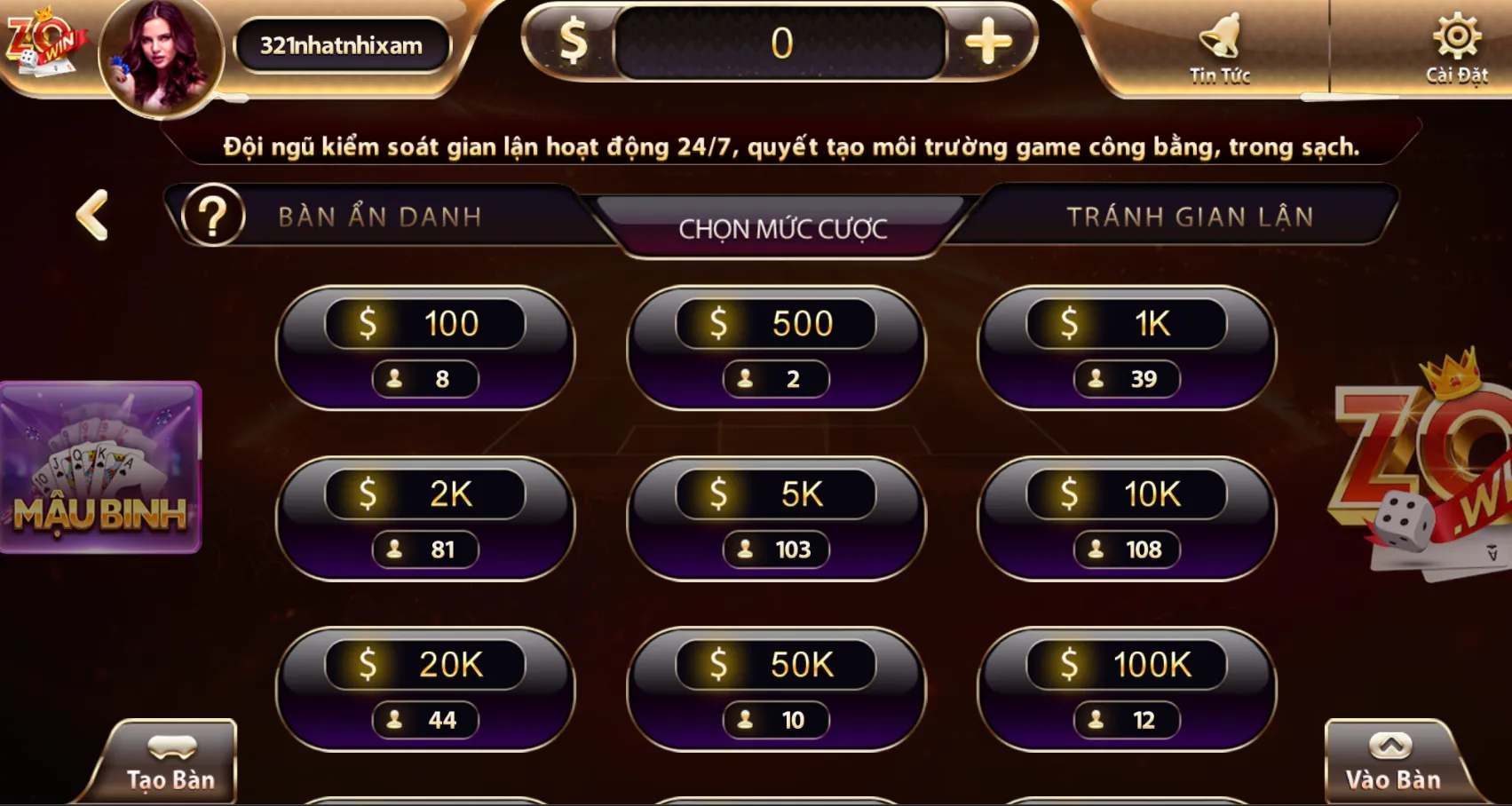 Mậu Binh thuộc top game bài được yêu thích của Zowin